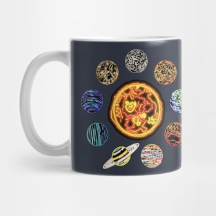 Electric Solar System Neon Sun and Planets Top Left Mug